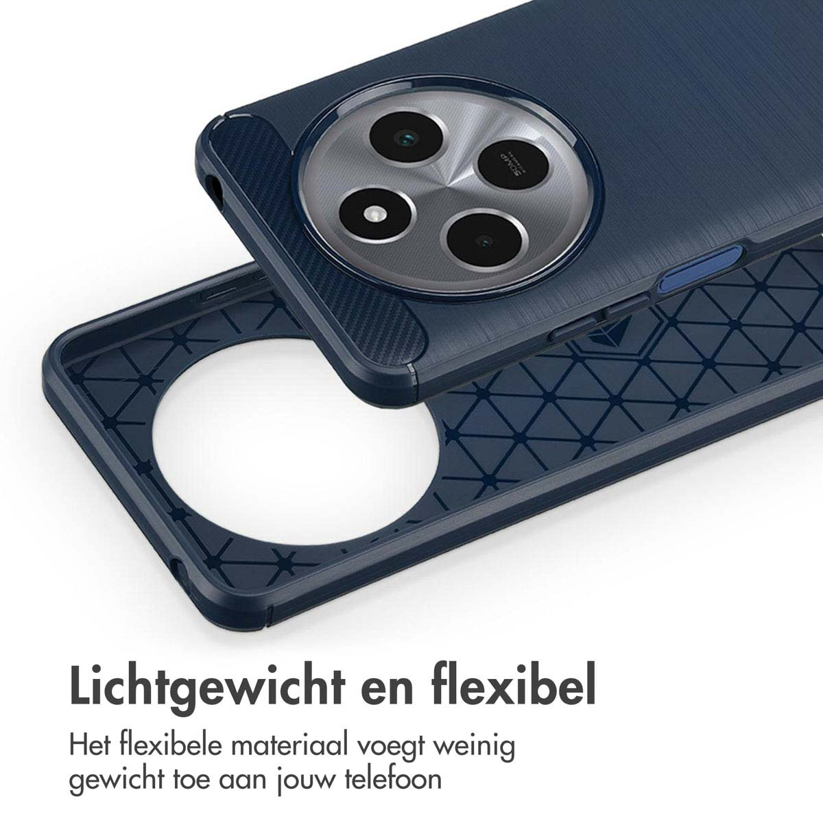 Téléphone avec un étui bleu foncé. L'étui est léger et flexible. Texte : Lichtgewicht en flexibel.