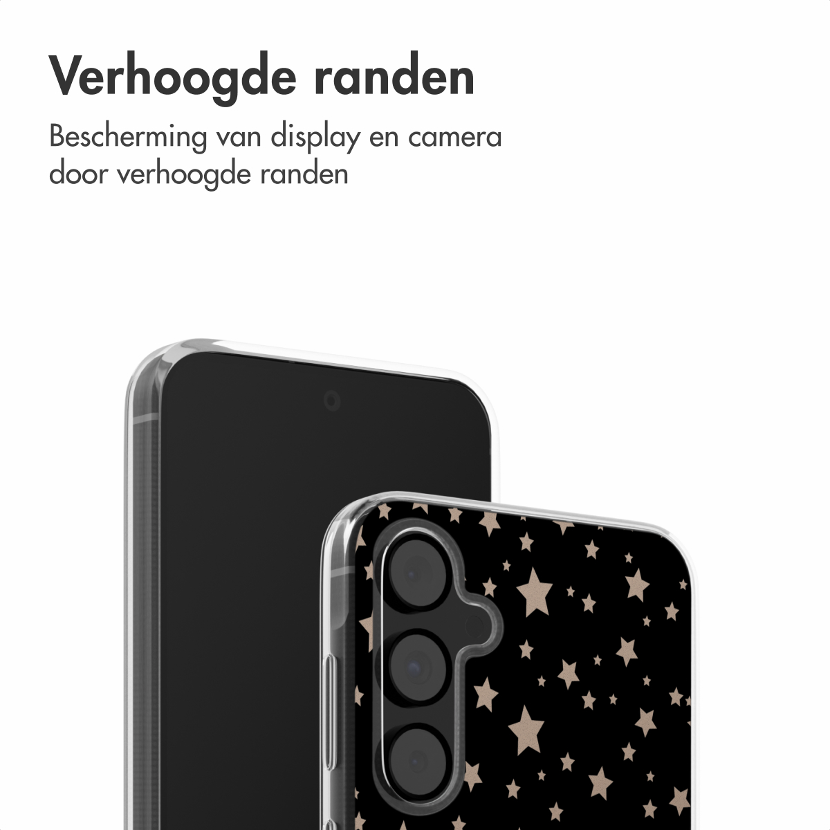 Telefoonhoesje met een telefoon. Text: Bescherming van display en camera door verhoogde randen.
