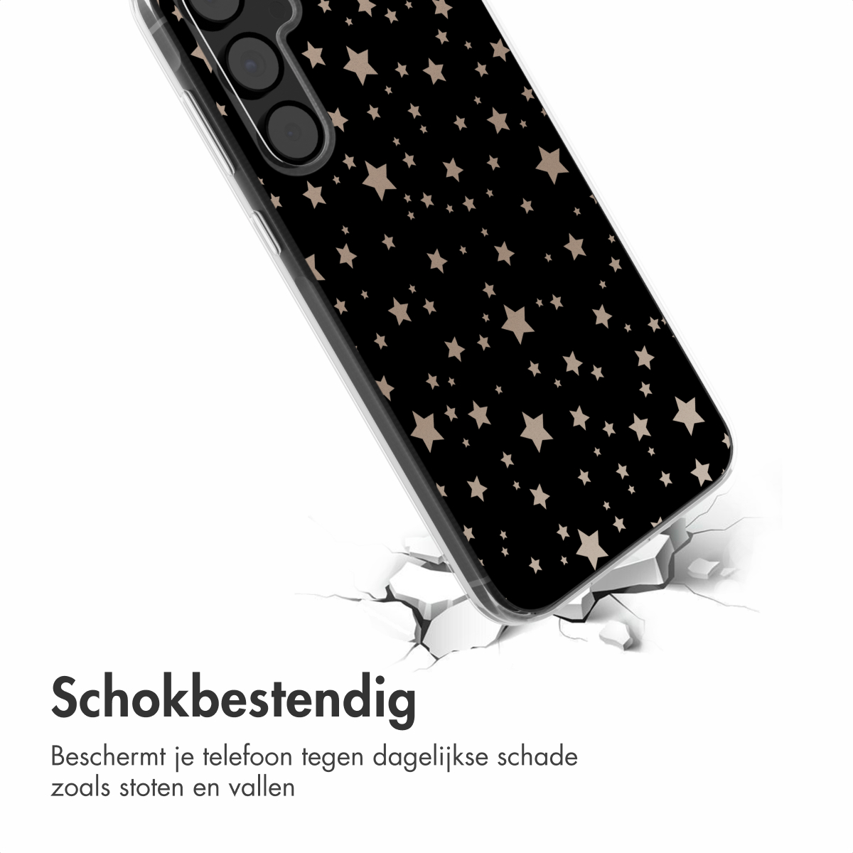 Zwart telefoonhoesje met sterrenpatroon. De hoes is schokbestendig, na een val getoond.