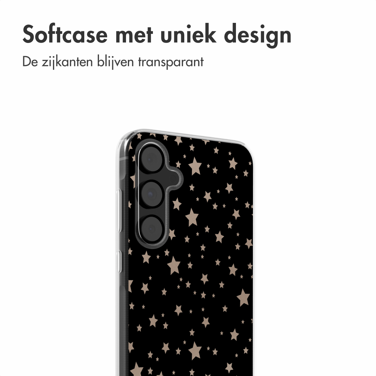 Zwarte telefoonhoes met sterren, camera's. Tekst: De zijkanten blijven transparant.