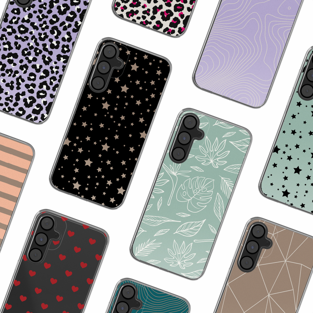 Veel telefoonhoesjes met verschillende patronen. Diverse kleuren en ontwerpen zijn zichtbaar.