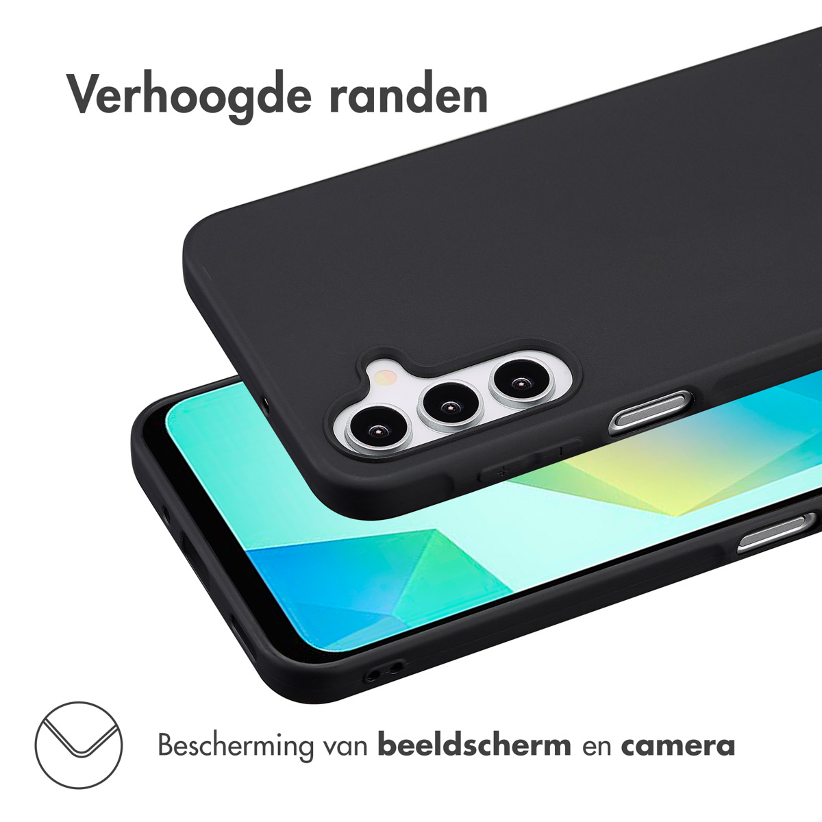 Eine schwarze Handyhülle mit einem Telefon darin. Die Handyhülle hat erhöhte Kanten.