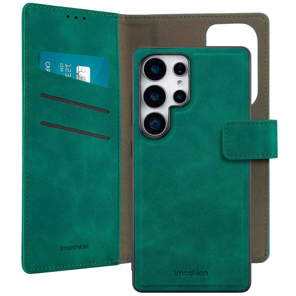 Groene portemonnee telefoonhoes met telefoon en creditcard. De hoes heeft een band.