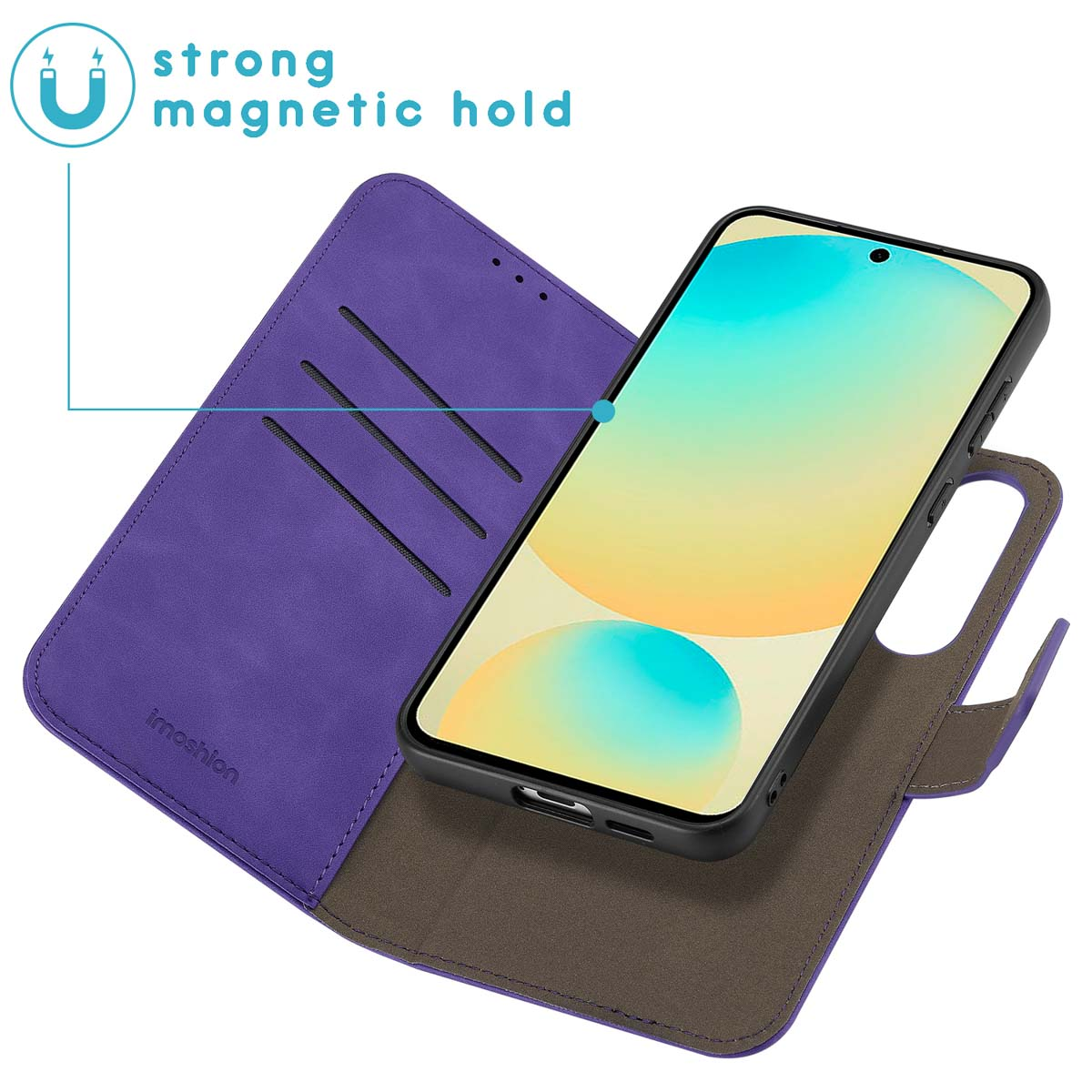 Open paarse telefoonhoes, met telefoon erin. Telefoonscherm toont een kleurrijke achtergrond.