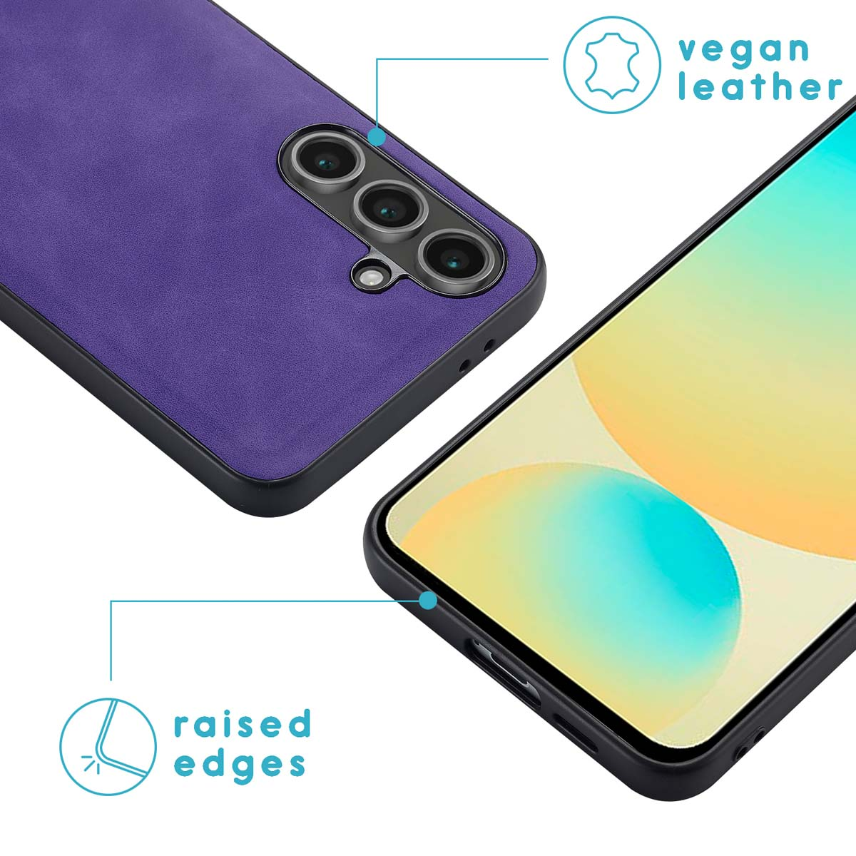 Paarse telefoonhoes met verhoogde randen. Naast, een telefoon met een scherm. Tekst: Vegan leer.
