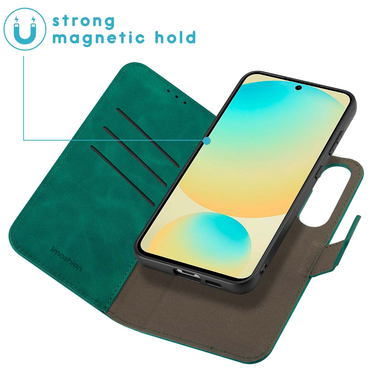 Étui de téléphone en cuir vert avec un téléphone. Maintien magnétique.