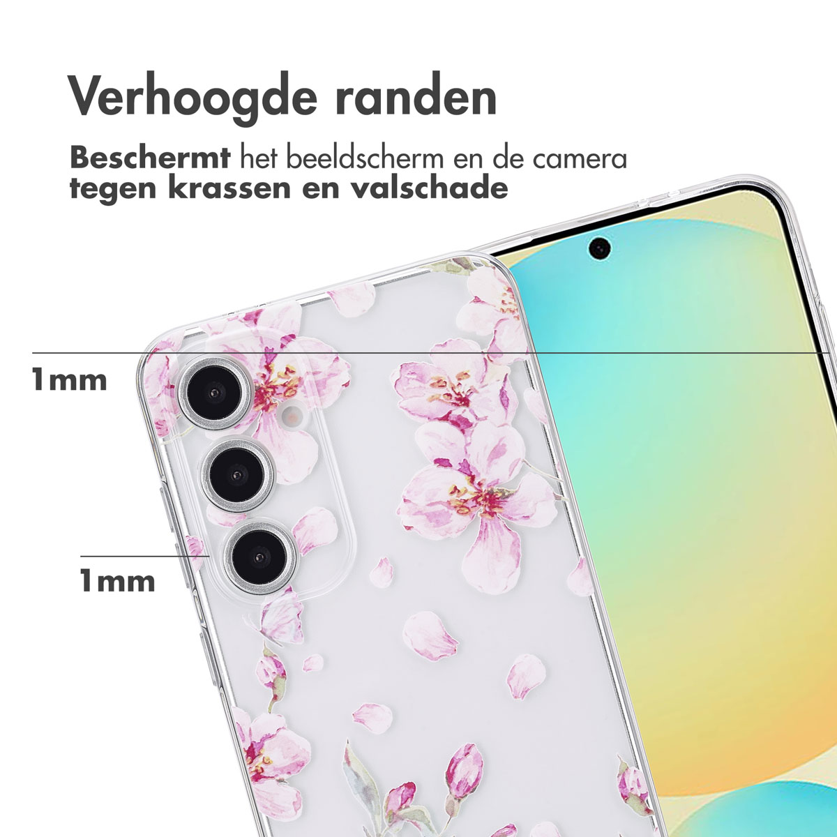 Telefoon in een doorzichtige hoes met roze bloemen. De hoes heeft verhoogde randen. De telefoon is zichtbaar.