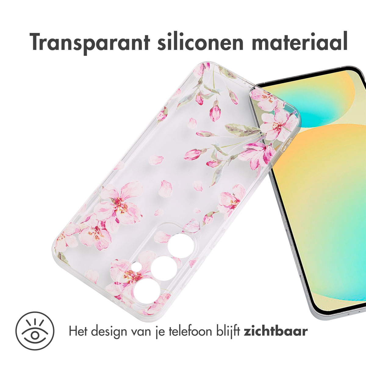 Transparante telefoonhoes met roze bloemen en telefoon. Tekst: Het design van je telefoon blijft zichtbaar.
