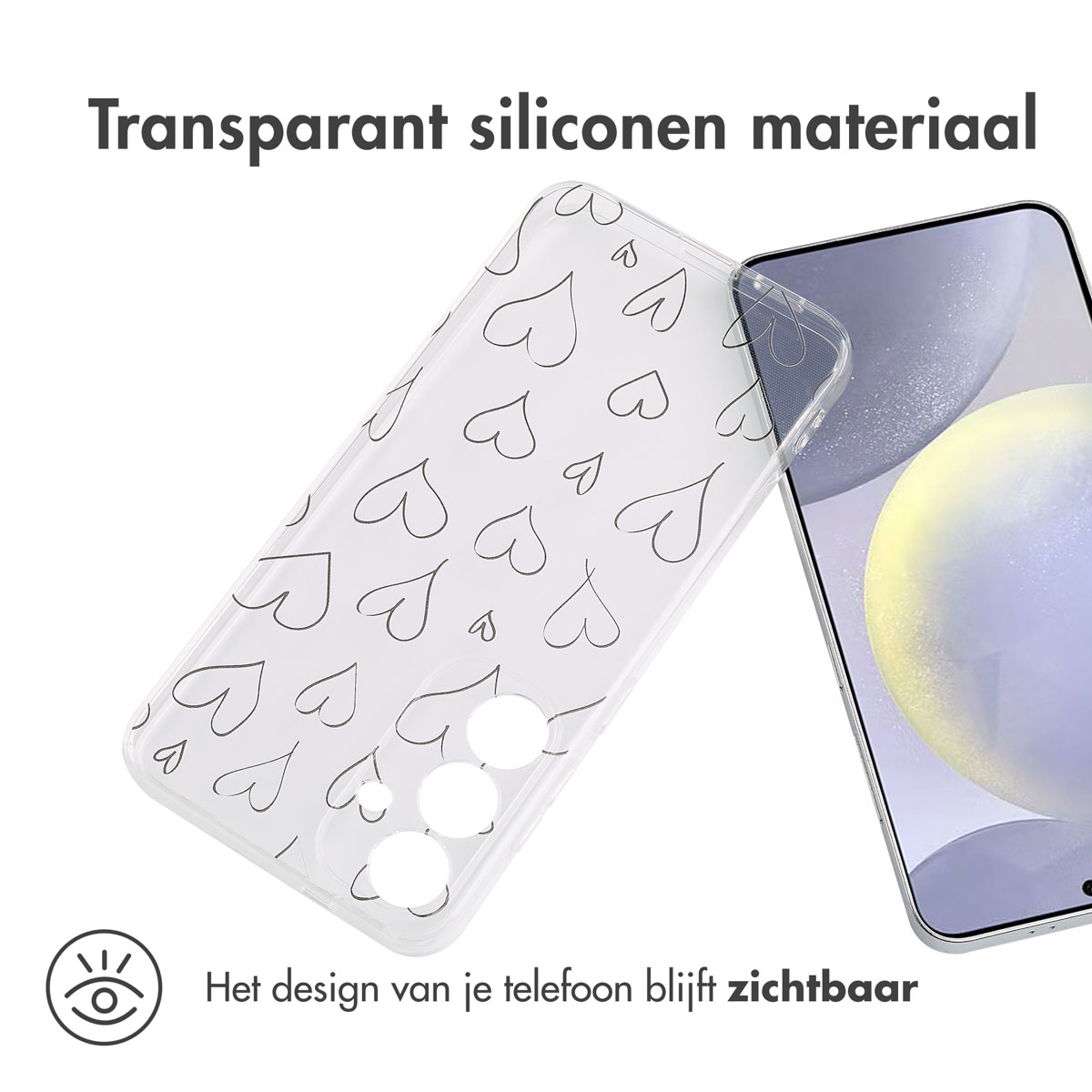 Coque de téléphone transparente avec motif de cœurs, sur un téléphone. Design du téléphone visible, fond clair.