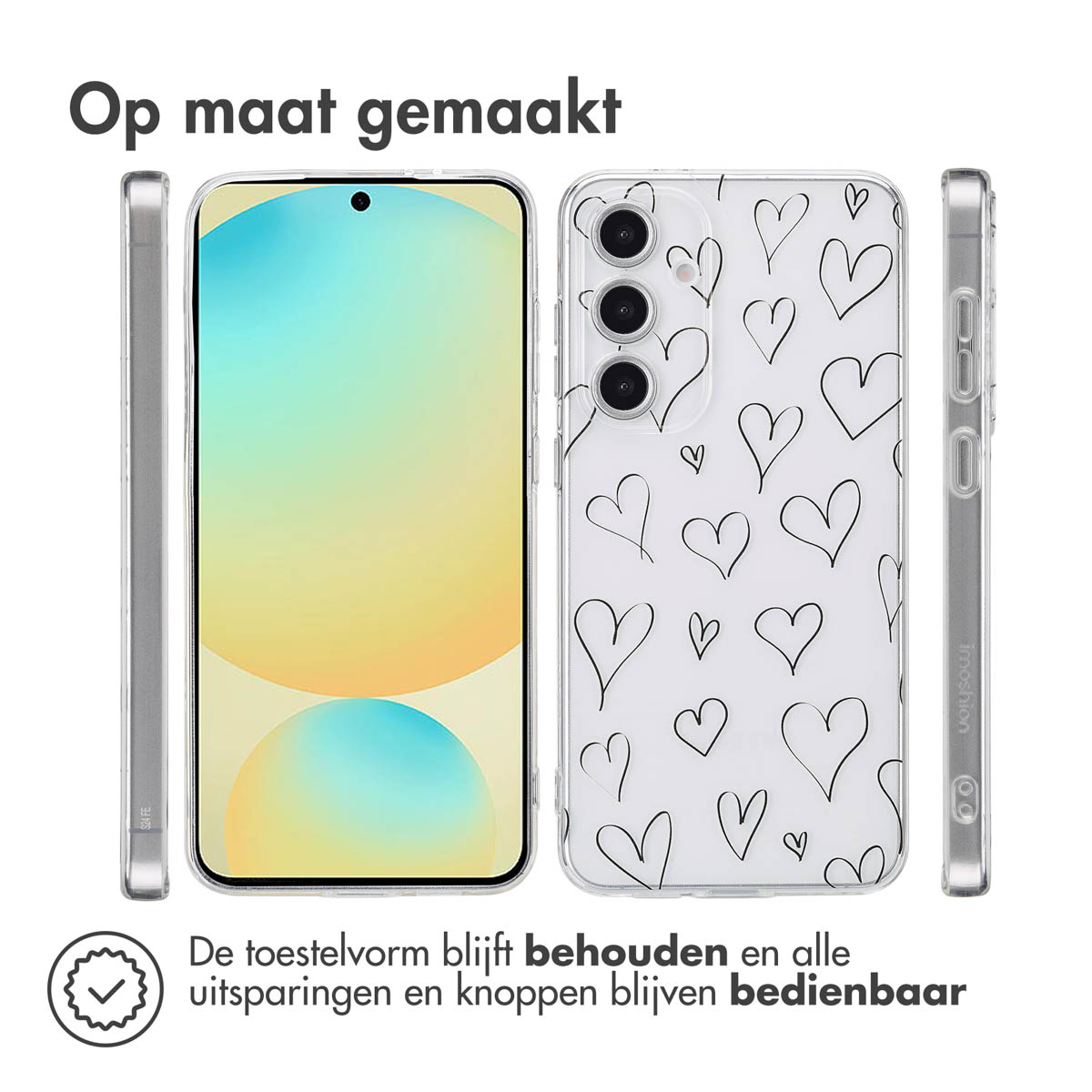 Transparante telefoonhoes met hartpatronen, naast een telefoon. Toont de vorm en uitsparingen van de telefoon.