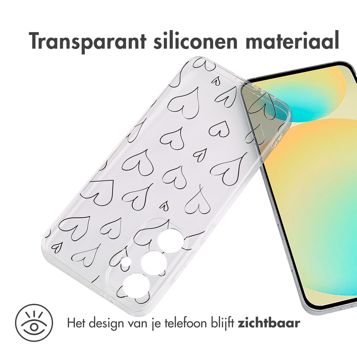 Een doorzichtige telefoonhoes met hartenontwerp. Een telefoon is zichtbaar op de achtergrond.