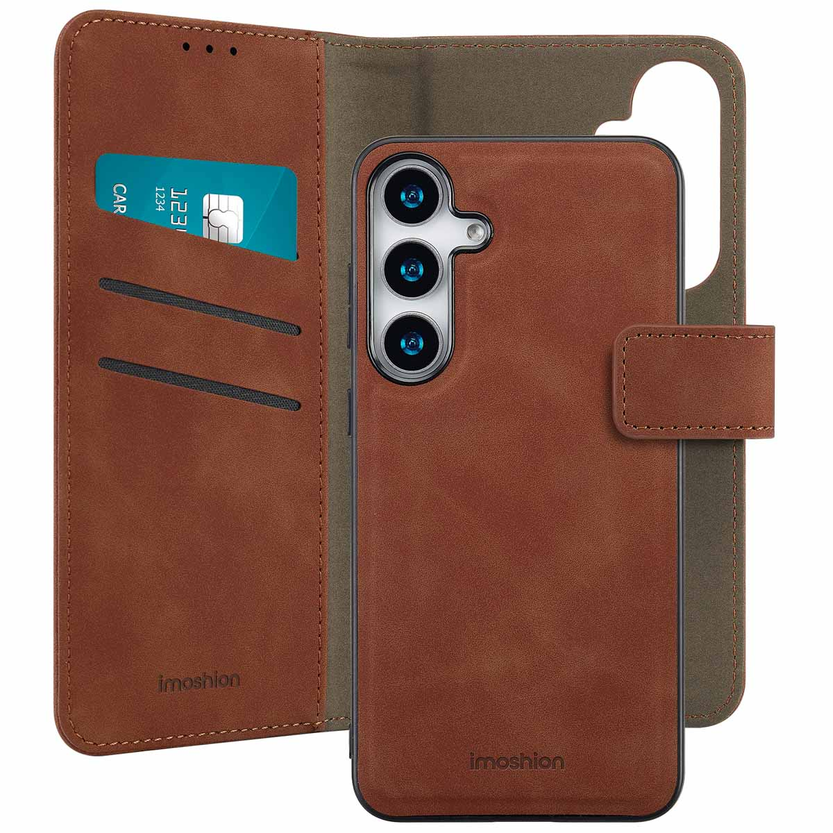 Bruine leren telefoonhoes met creditcard en cameradetails.