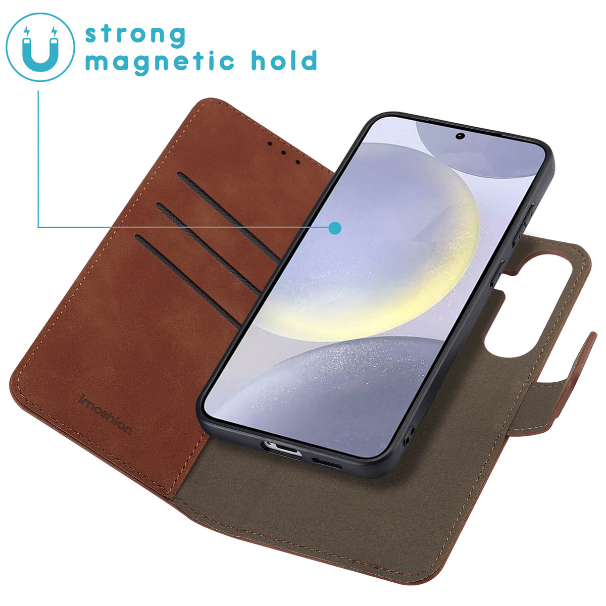 Bruine leren portemonnee case met telefoon. Tekst: sterke magnetische grip.
