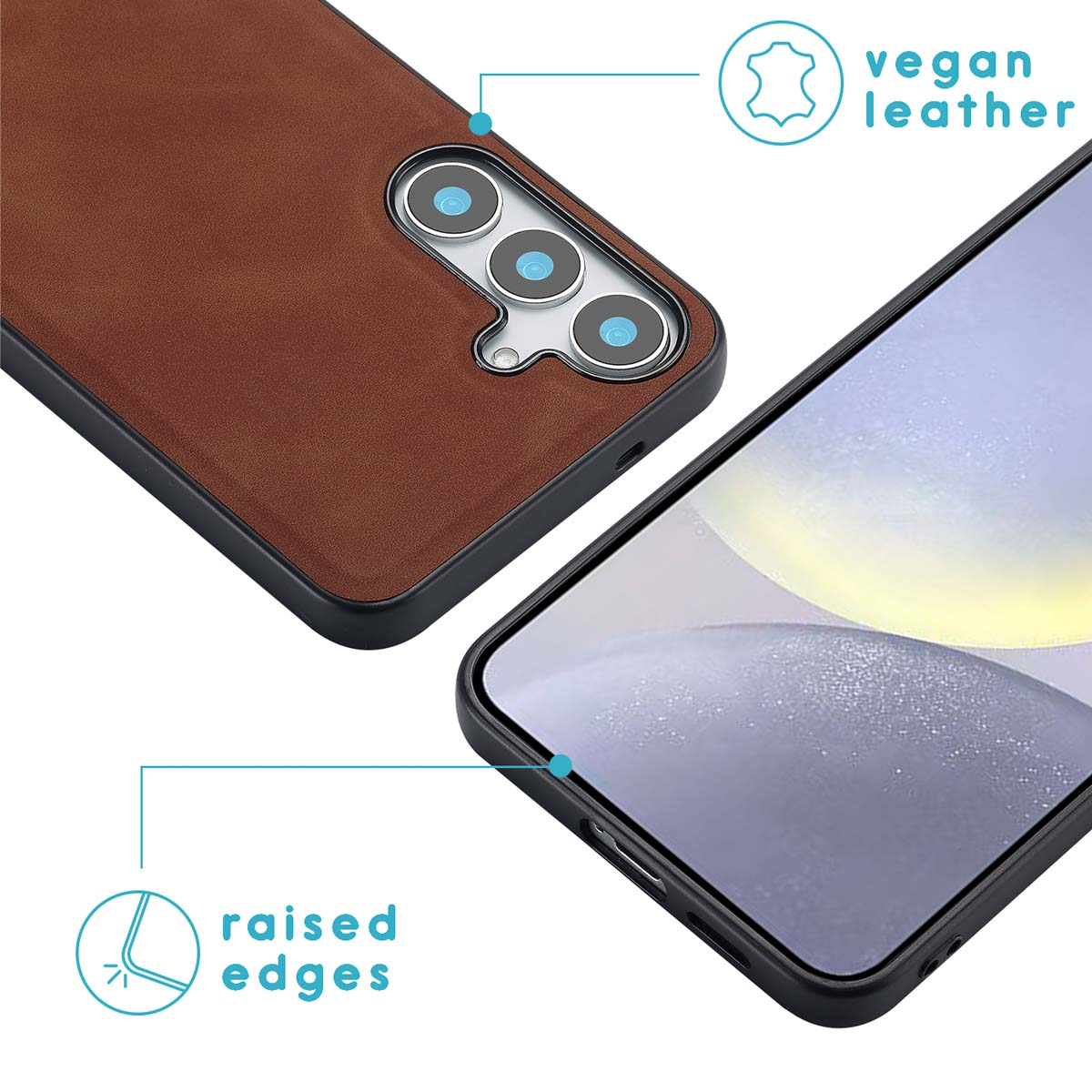 Bruine telefoonhoes met telefoon en tekst over vegan leer.