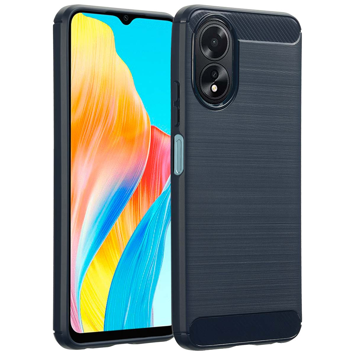 Telefoon met een donkerblauwe hoes, scherm toont een kleurrijk abstract ontwerp.