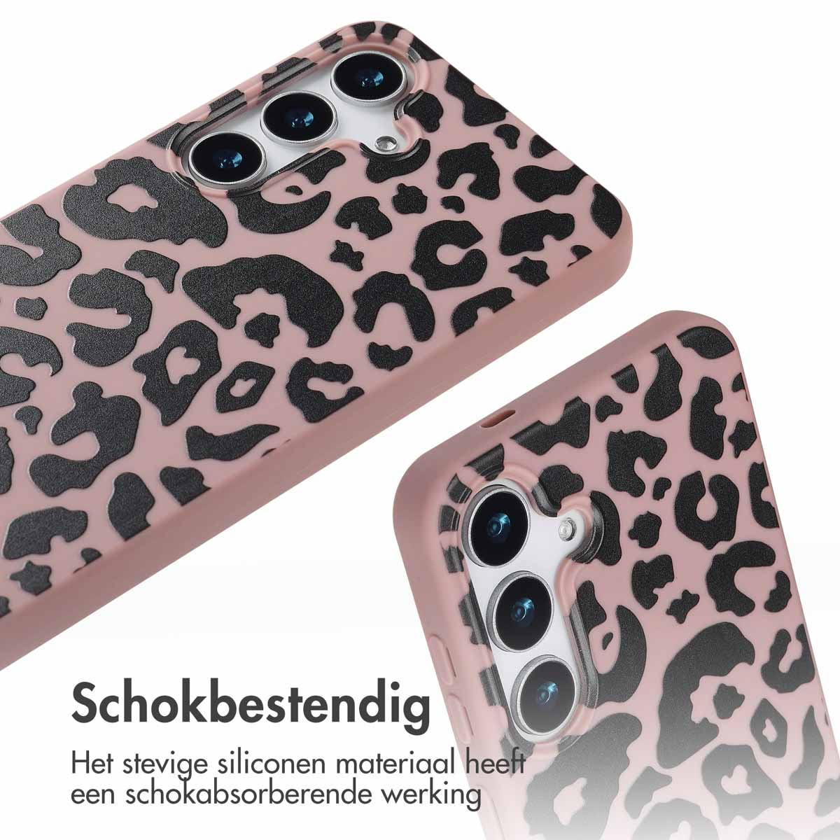 Des coques de téléphone roses avec un imprimé léopard noir sont exposées.
