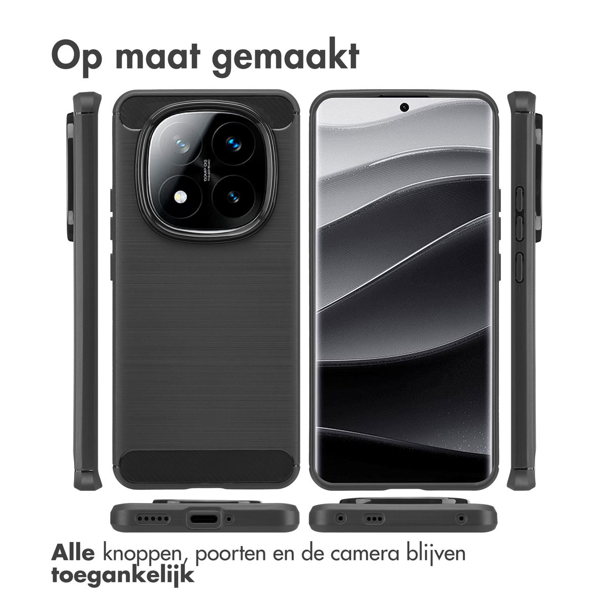 Zwarte telefoonhoes met meerdere weergaven. De hoes is zwart en heeft een gestructureerd ontwerp. Alle knoppen, poorten en camera.