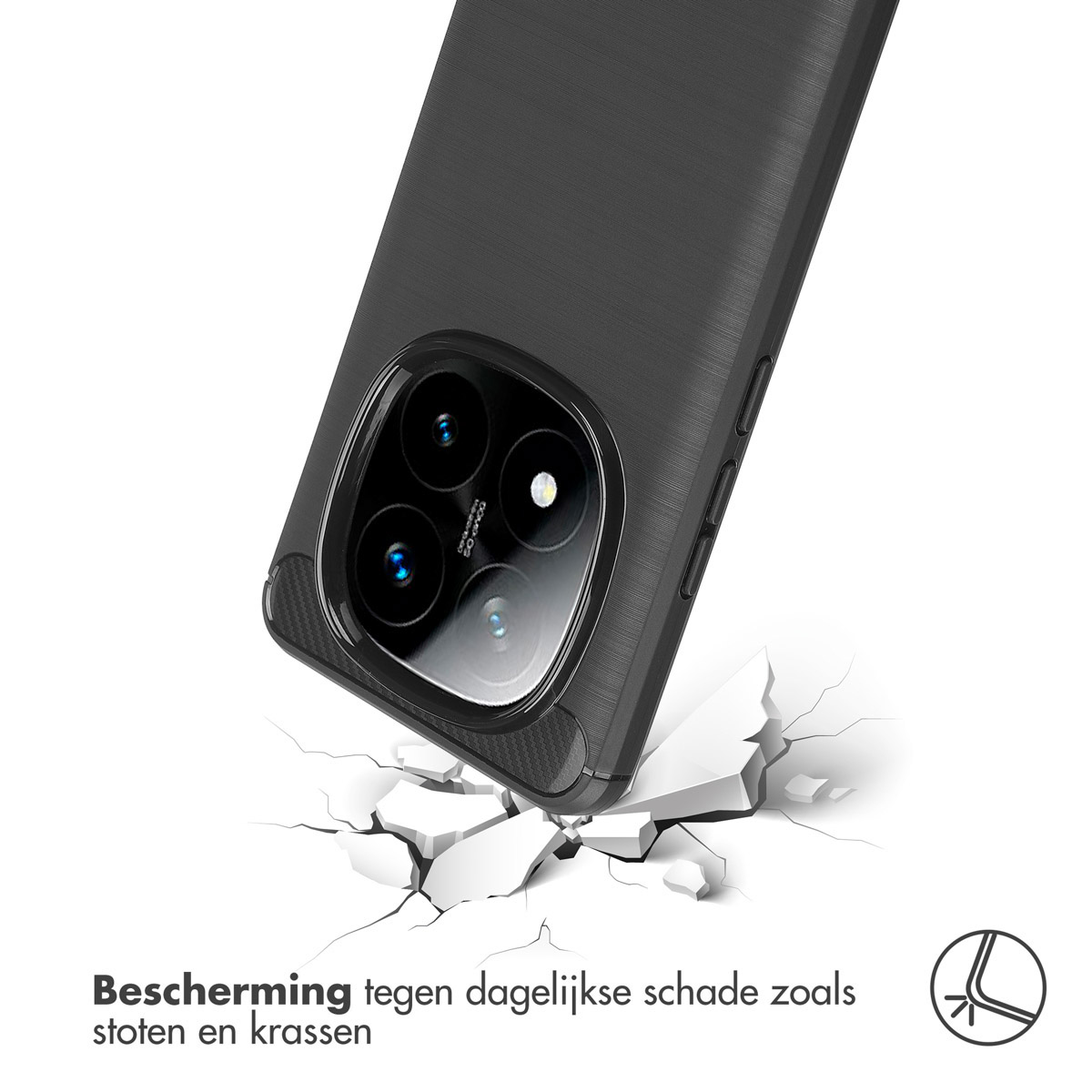 Een telefoon in een hoesje wordt laten vallen. De hoes beschermt de telefoon tegen schade, zoals krassen en deuken.