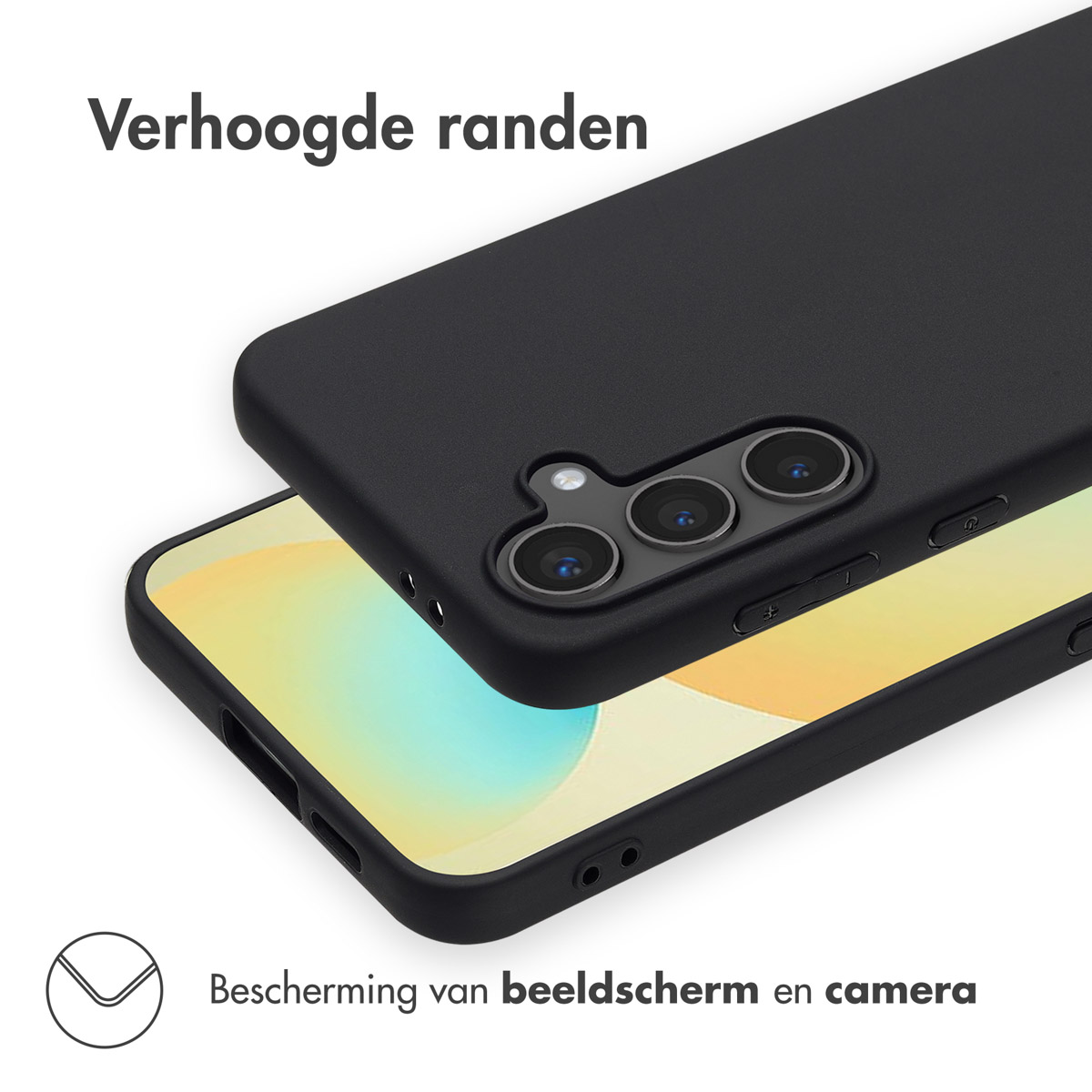 Telefoonhoesje met verhoogde randen, beschermt scherm en camera. Hoesje en telefoon zijn zwart.