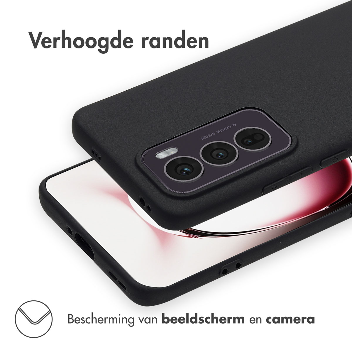 Custodia per telefono nera con bordi rialzati, che mostra un telefono, proteggendo fotocamera e schermo.
