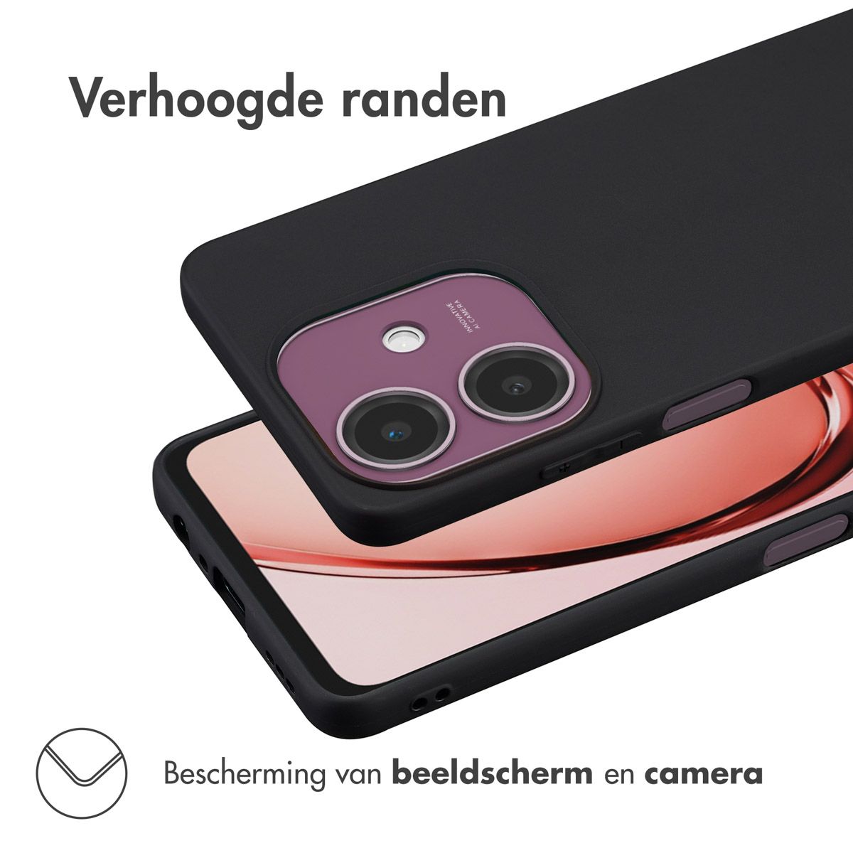 Twee zwarte telefoonhoesjes. Tekst op de achtergrond.