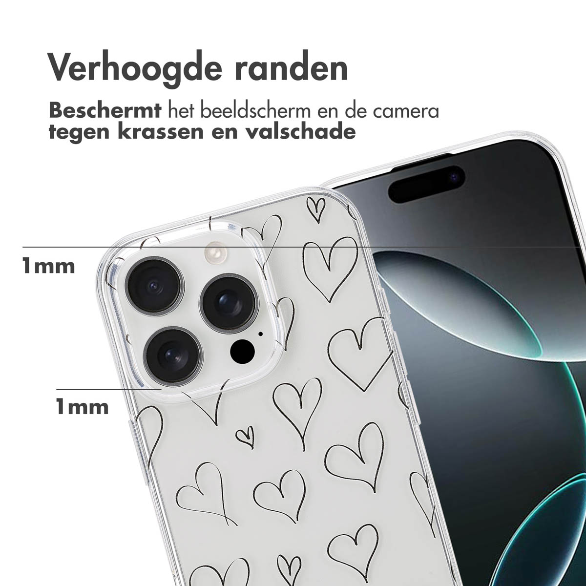 Telefoonhoesje met hartpatroon, met witte achtergrond en 1 mm verhoogde randen.