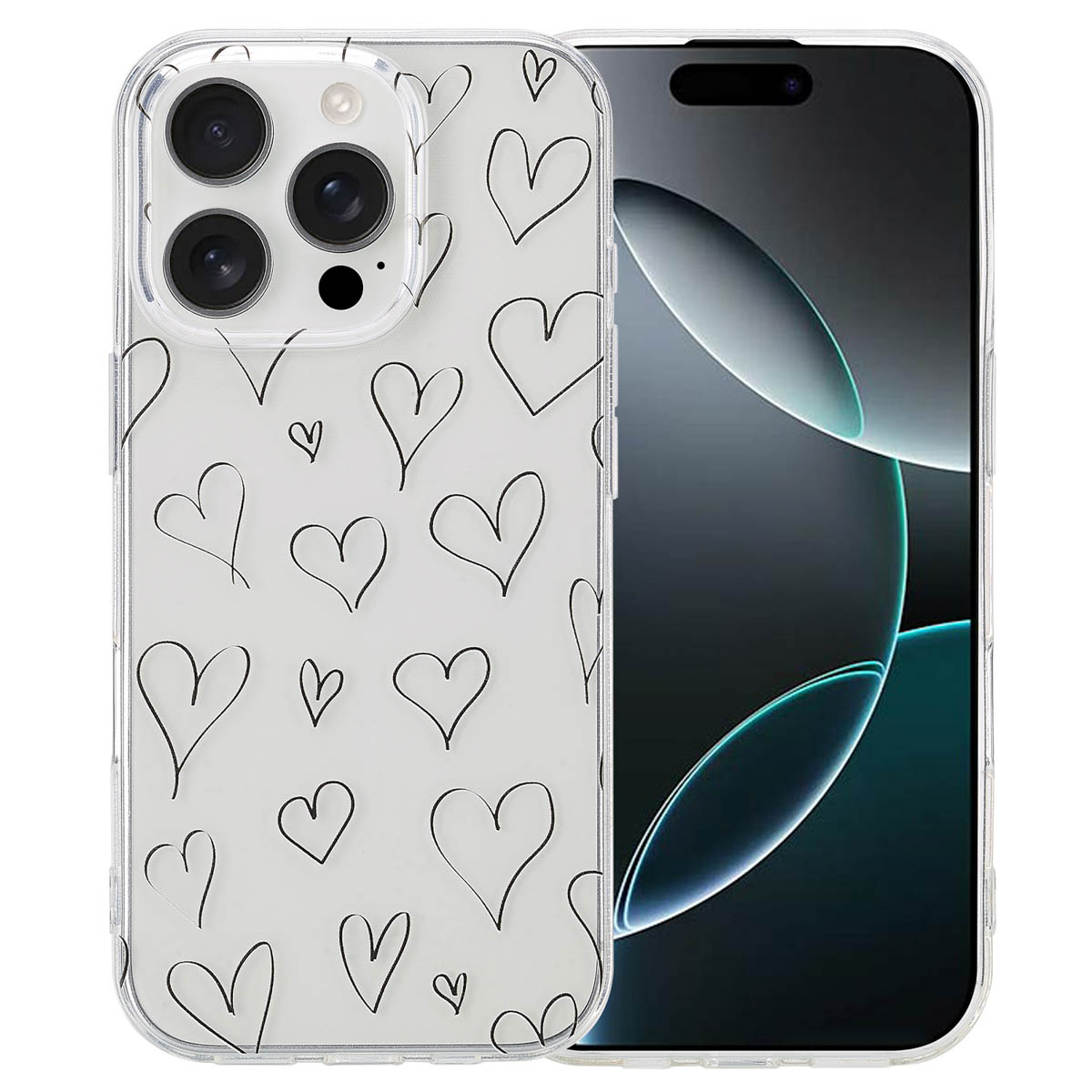 iPhone met een doorzichtige hoes. De hoes heeft witte harten erop getekend. Telefoon ligt op een tafel.