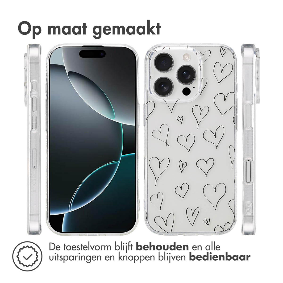 Telefoonhoesjes, transparant met hartpatroon. Zijaanzicht. Tekst in het Nederlands.