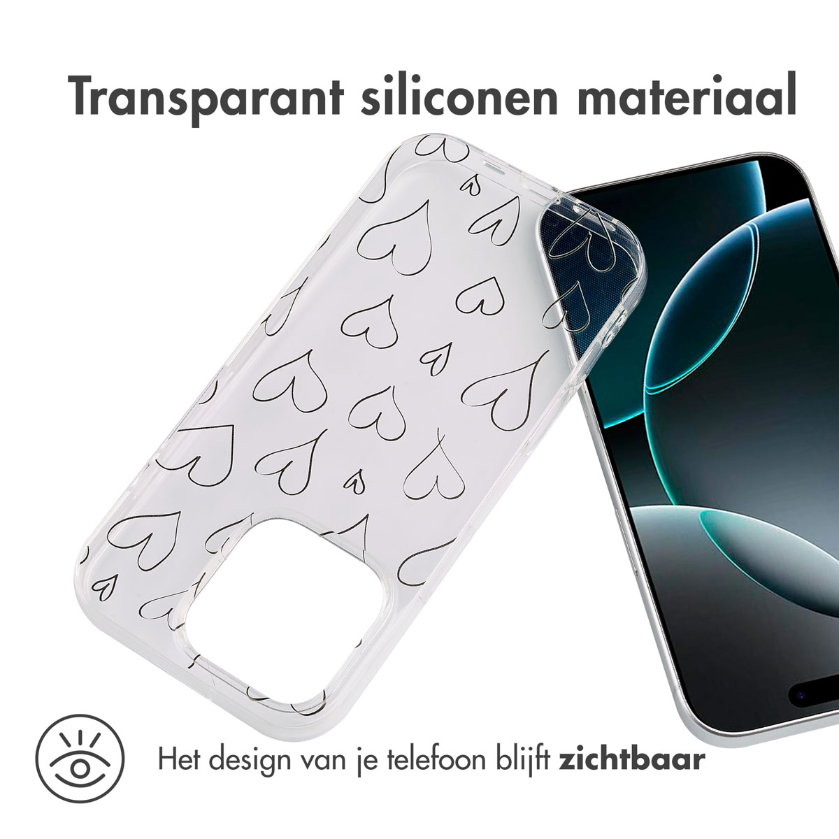 Transparante telefoonhoes met hartvormig ontwerp. Een telefoon zit gedeeltelijk in de hoes.