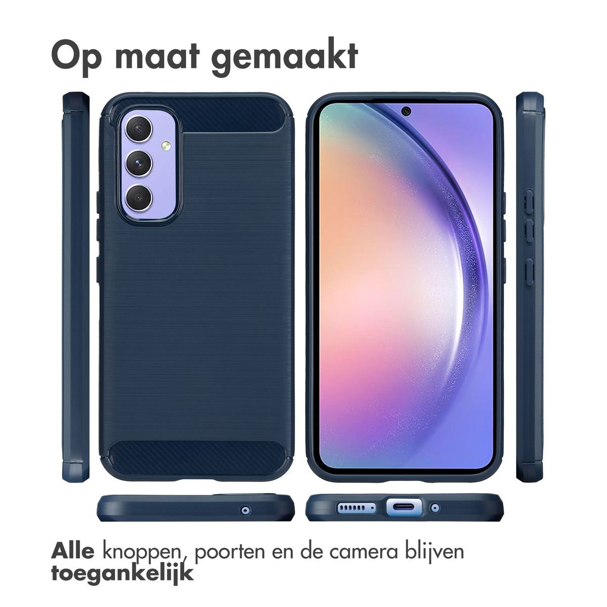 Custodia per telefono blu navy con telefono all'interno. Custodia con design strutturato. Tutti i pulsanti, le porte e la fotocamera sono accessibili.