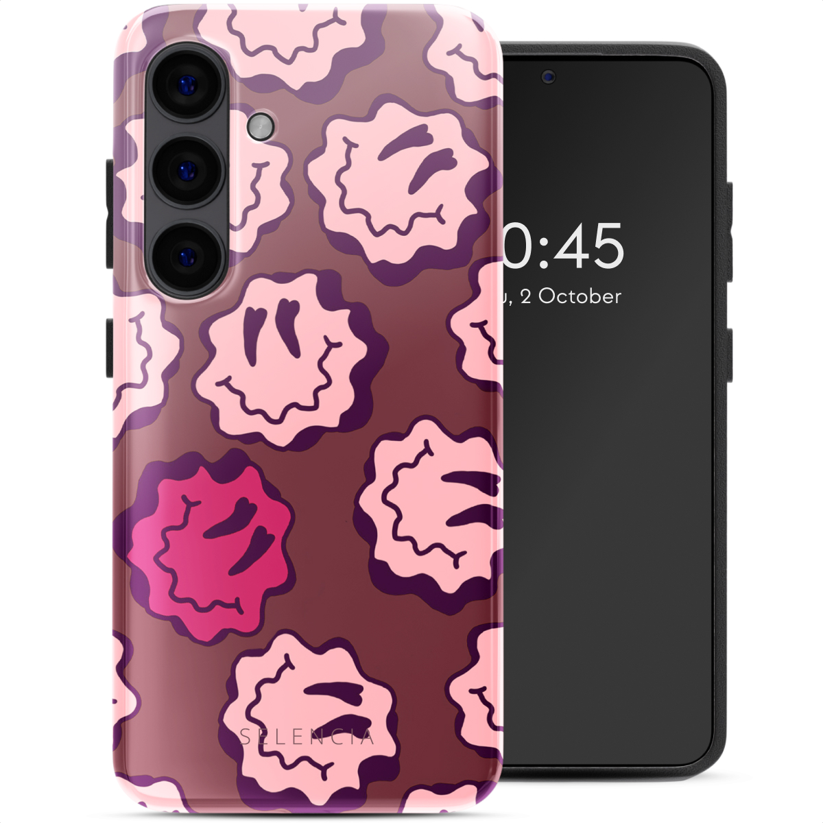 Un téléphone avec une coque recouverte de visages souriants roses.