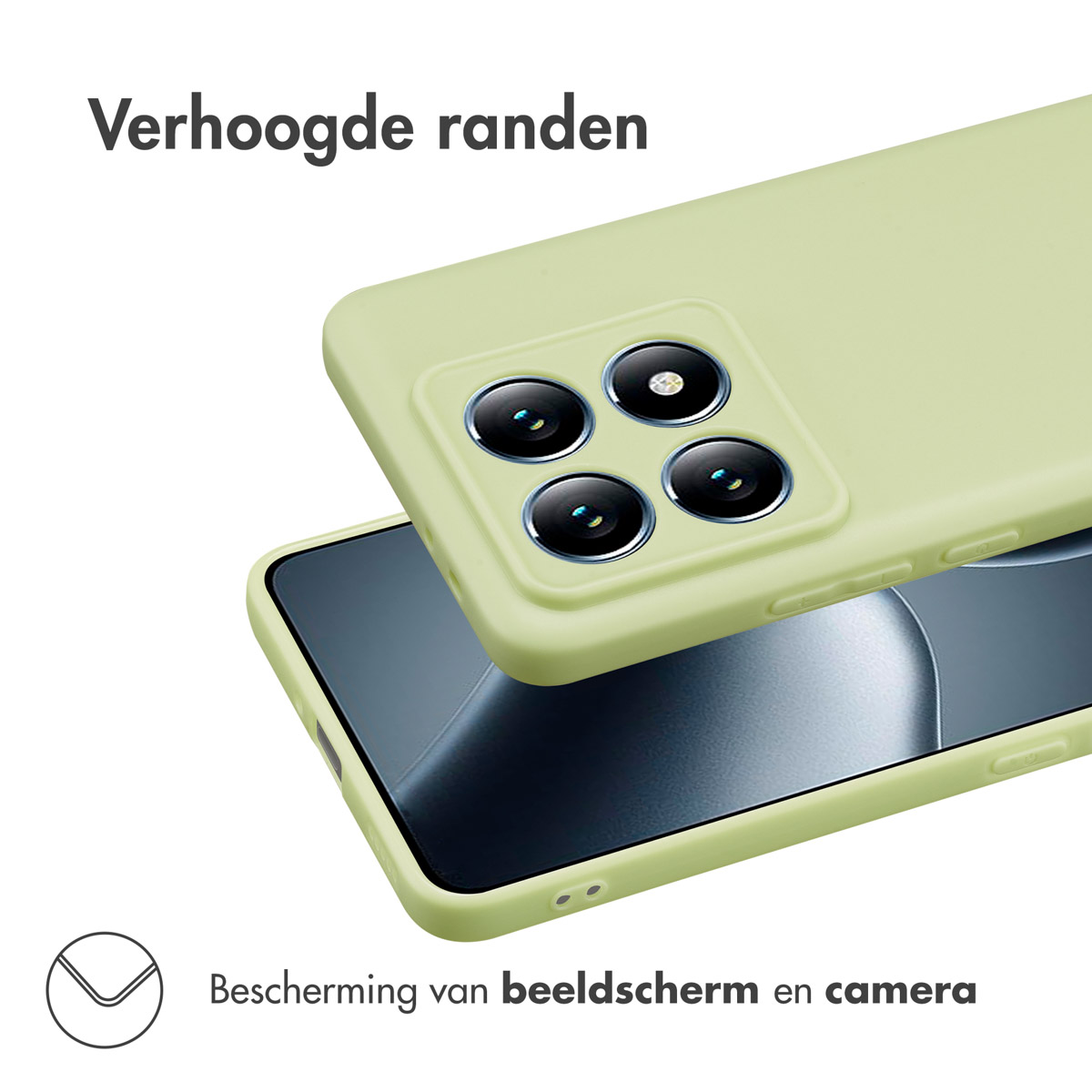 Coque de téléphone verte avec téléphone à l'intérieur. Les bords de la coque sont surélevés, protégeant la caméra.