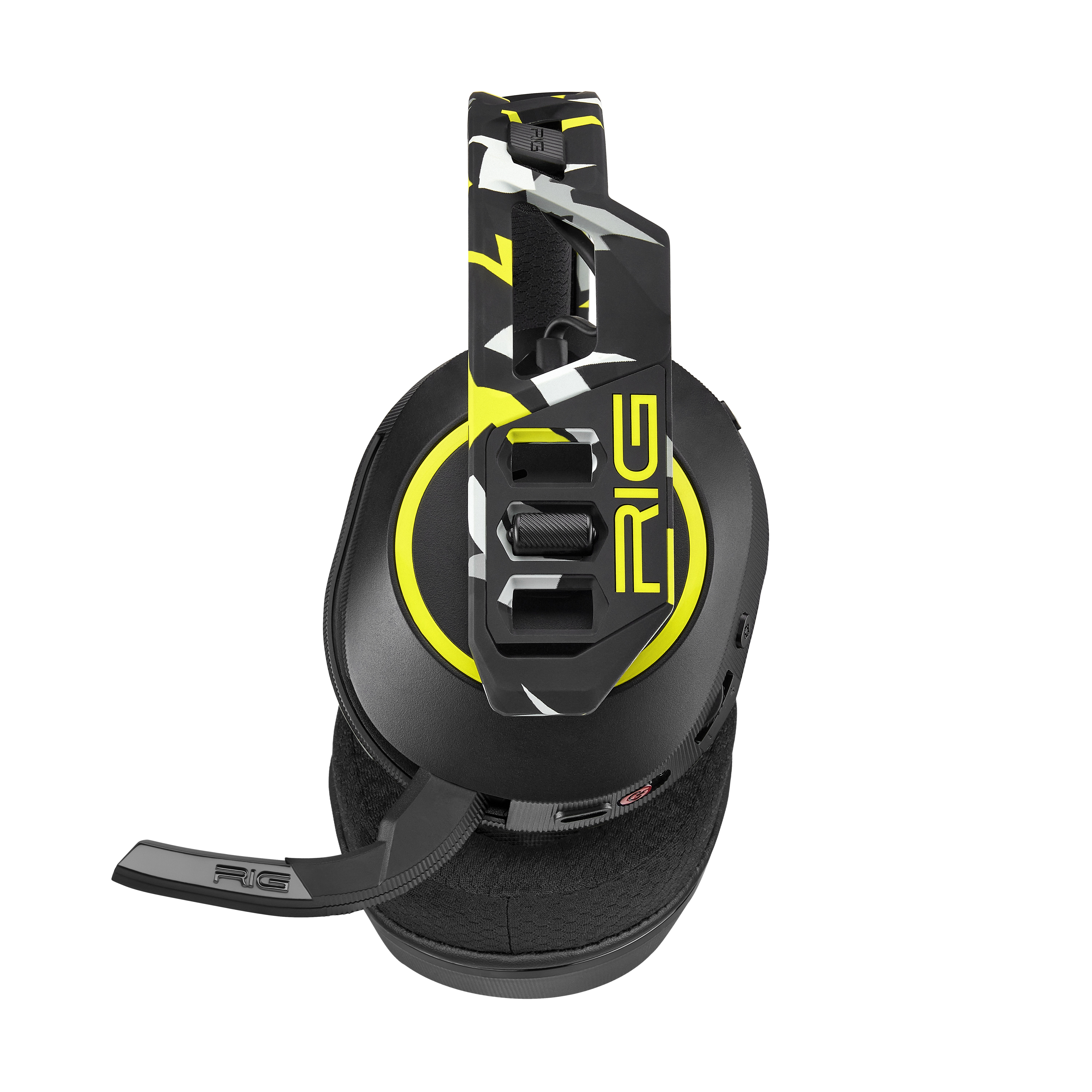 Cuffie da gioco nere e gialle. Le cuffie hanno un microfono e la parola 'RIG' sopra.