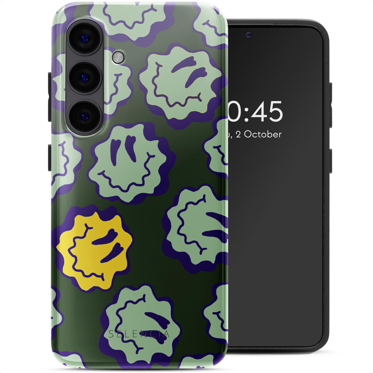 Téléphone avec coque smiley vert et jaune, téléphone à droite, fond blanc.