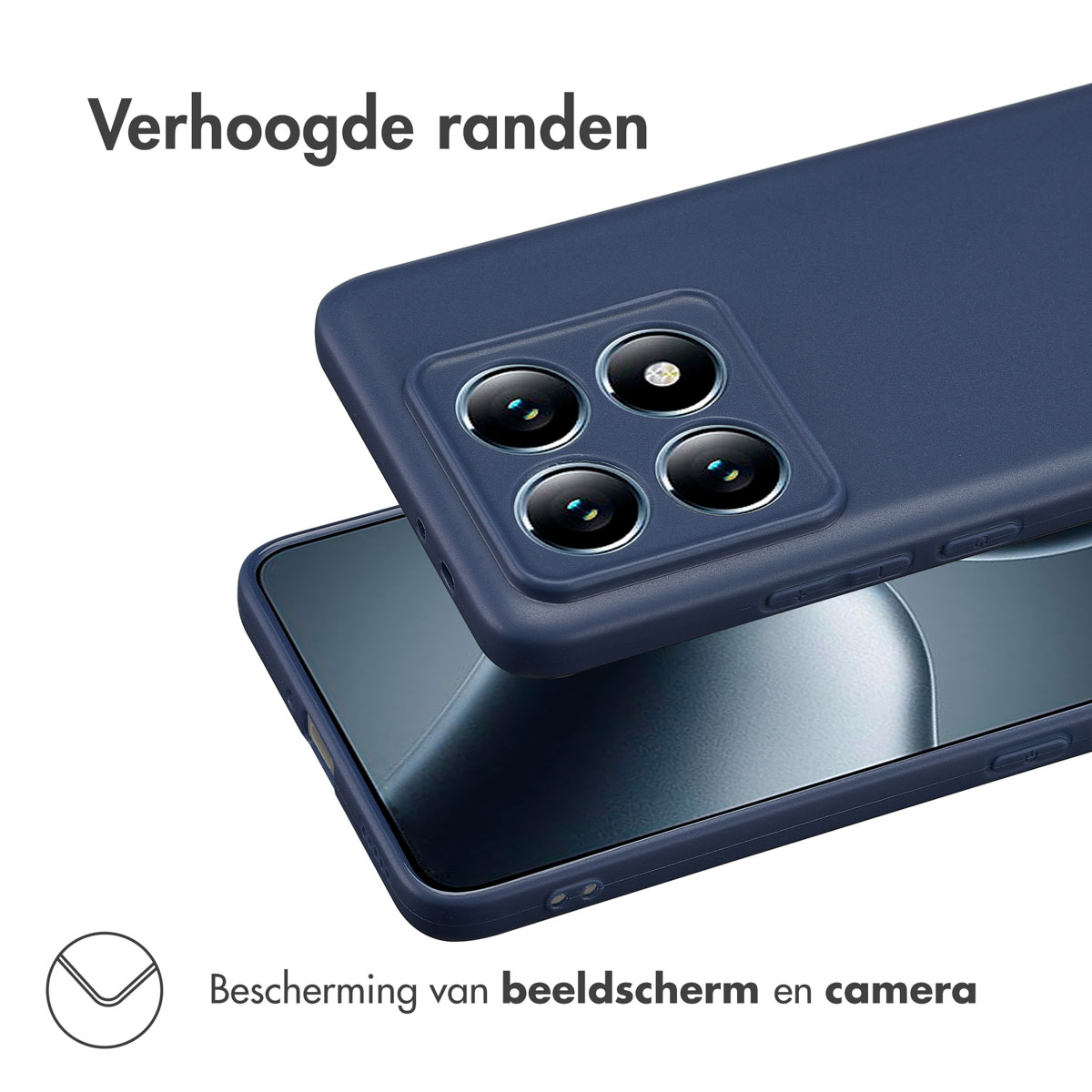 Coque de téléphone bleu foncé. Téléphone avec plusieurs caméras. Fond sombre. Bords surélevés.