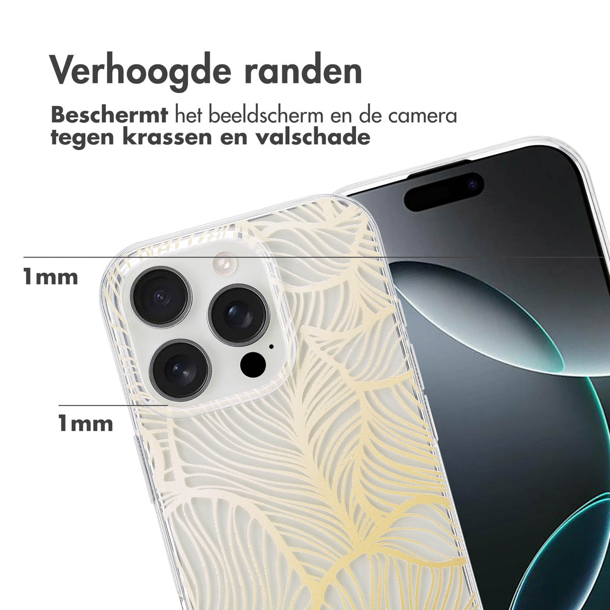 Téléphone dans une coque transparente, affichant un design de feuille d'or. Bords surélevés.