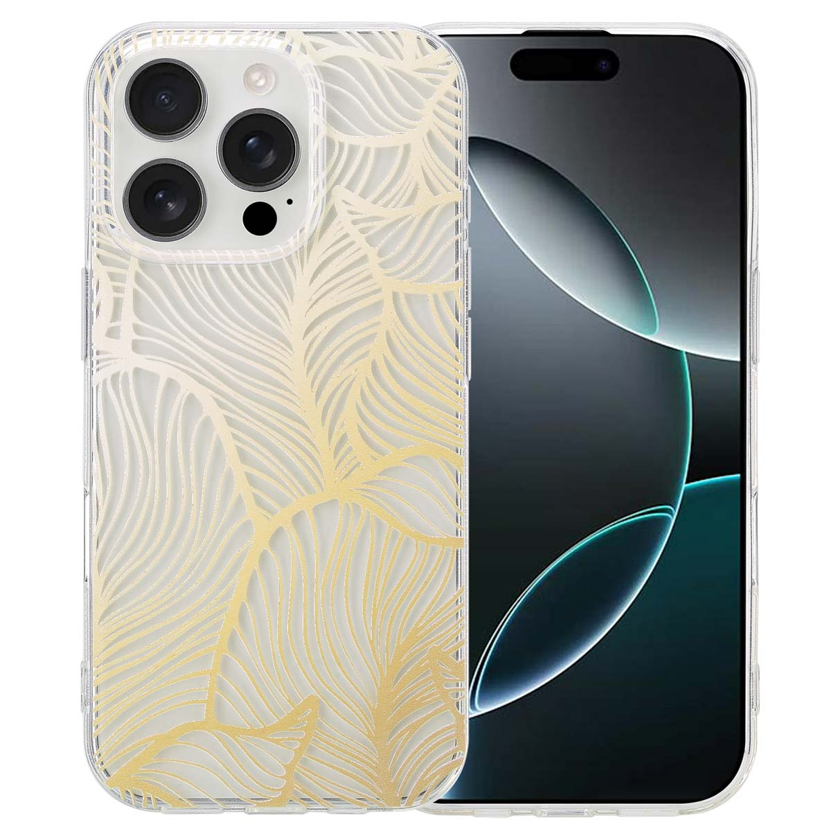 Téléphone avec un étui transparent avec un motif de feuilles dorées au dos, écran avant visible.