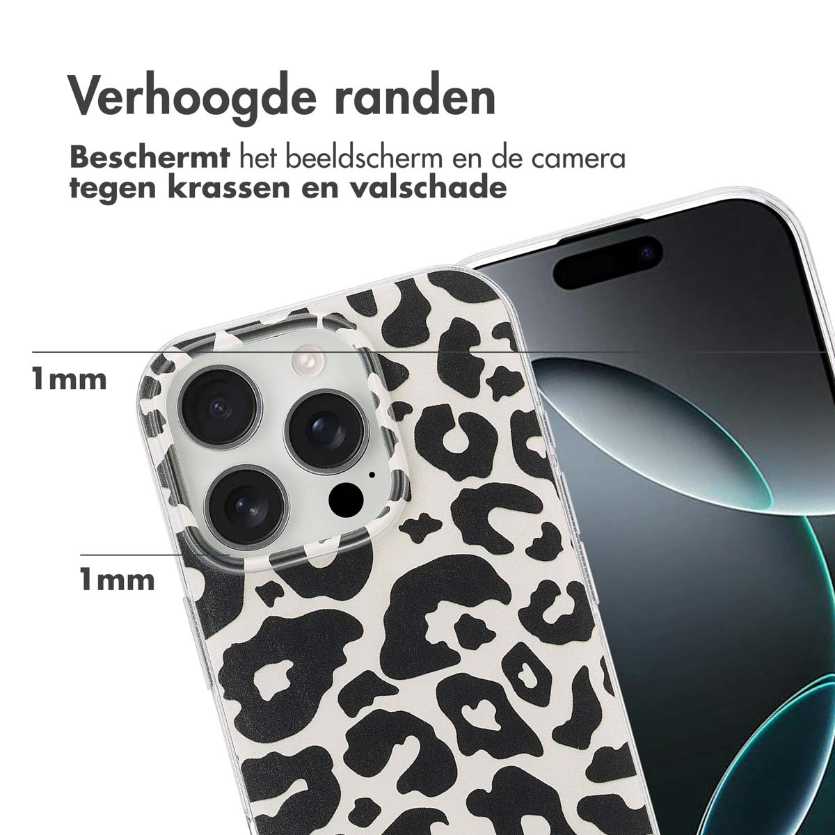 Close-up van een telefoonhoesje met een luipaardprint ontwerp, met de 1 mm verhoogde randen rond de telefoon.