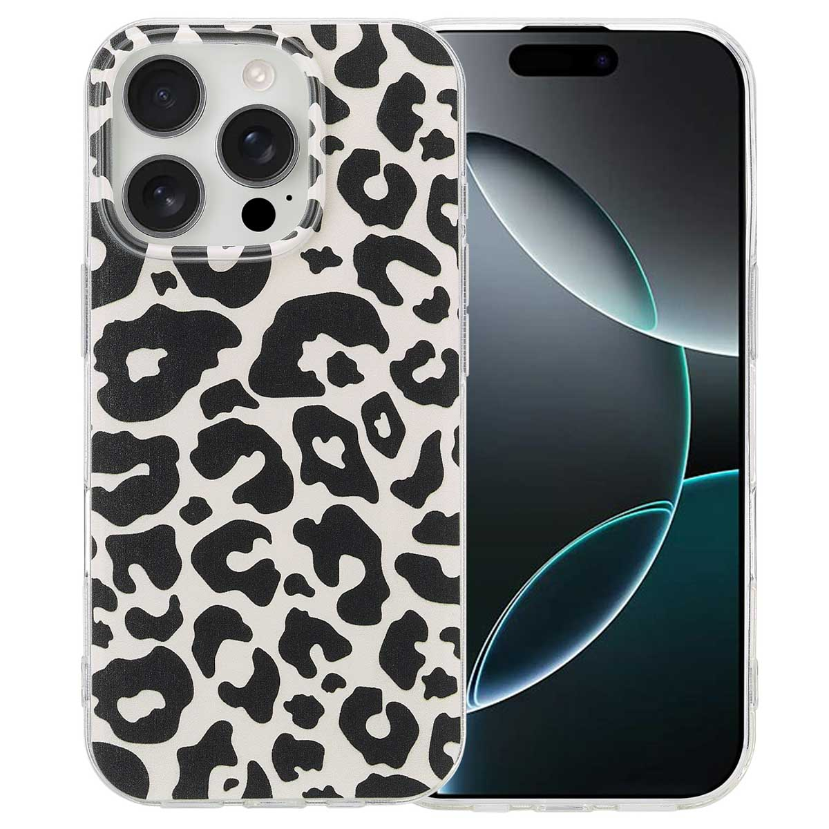 Telefoon in een hoesje met een witte achtergrond en zwarte luipaardprint op de achterkant, voorscherm zichtbaar.