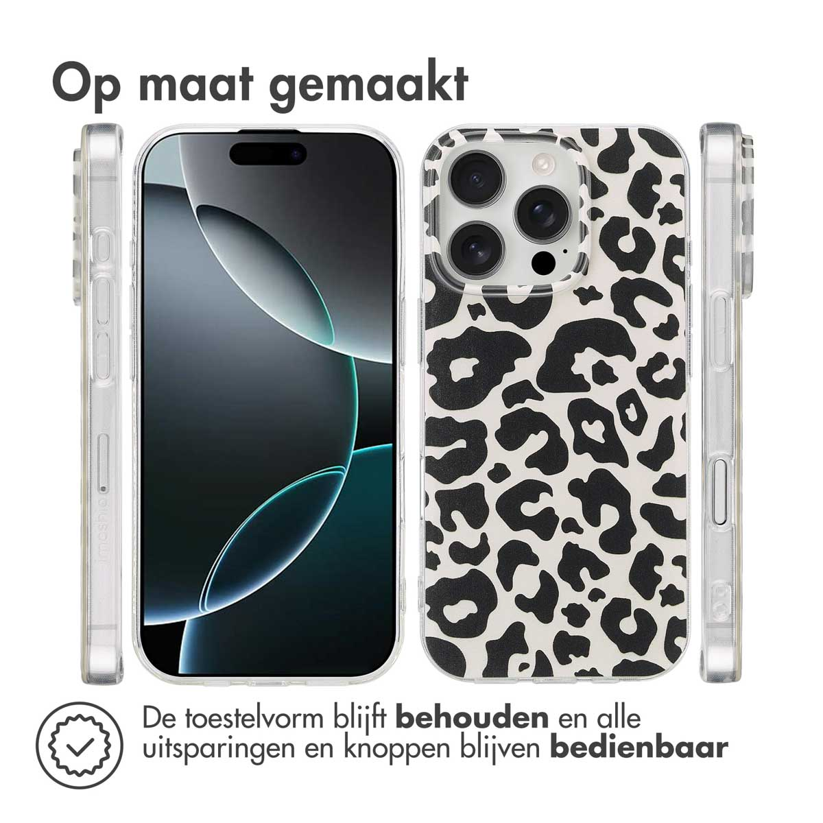 iPhone-hoesje met een wit en zwart luipaardprint ontwerp. De telefoonhoes wordt vanuit meerdere hoeken getoond.