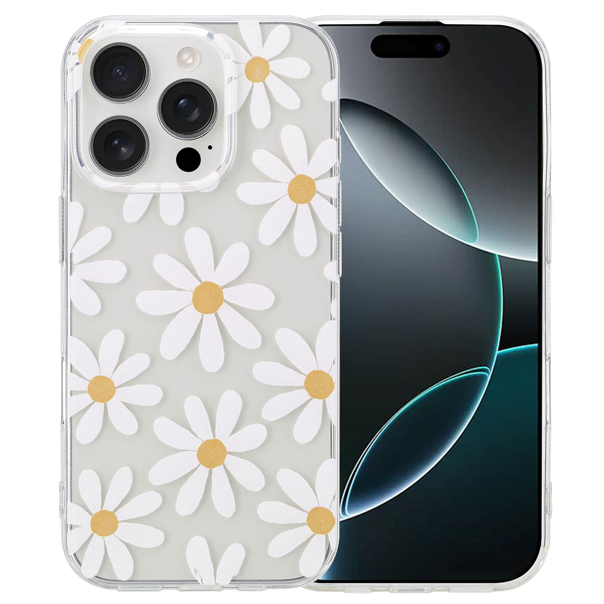 Coque de téléphone avec motif de marguerites sur un téléphone. L'écran du téléphone est visible.