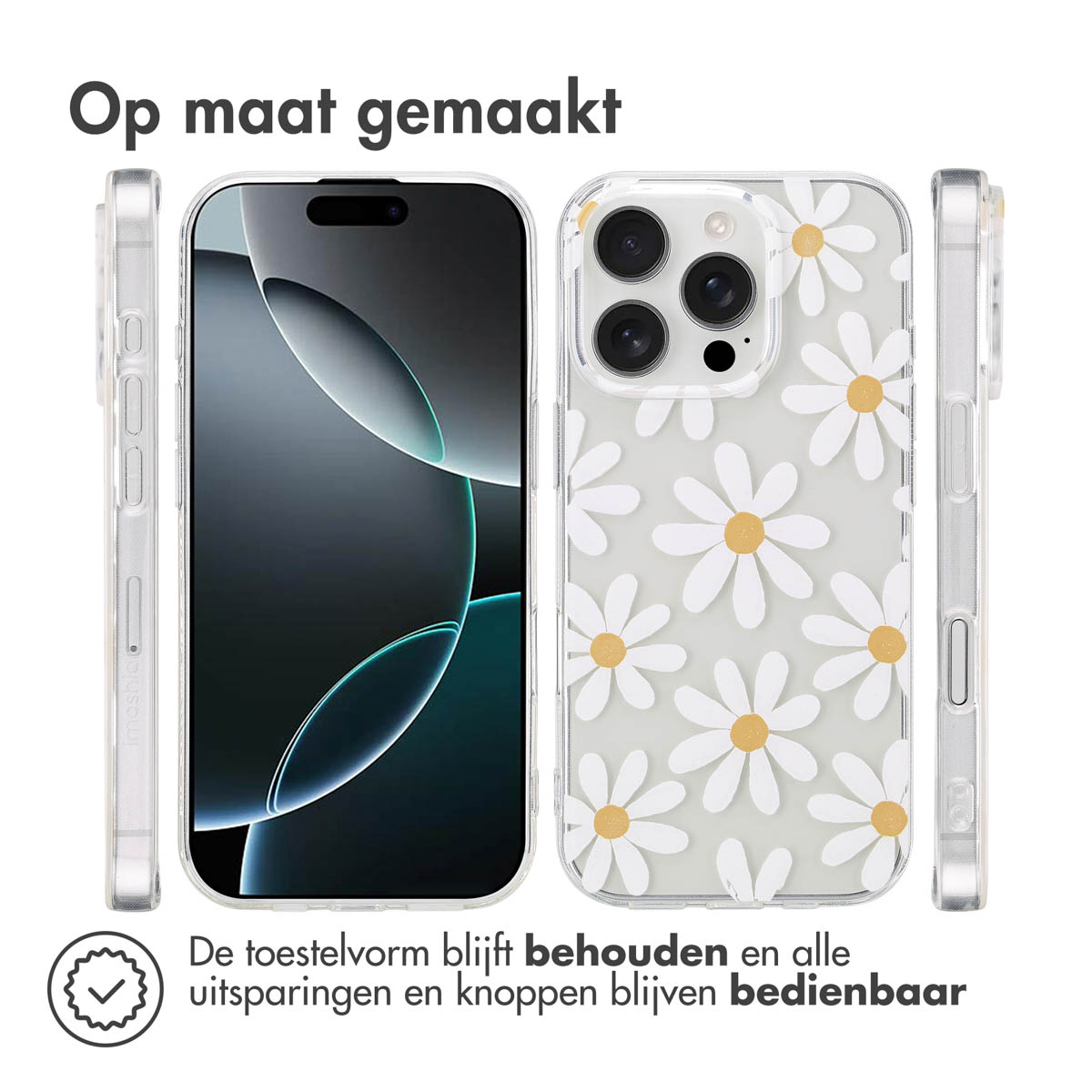 Coques de téléphone avec motif de marguerites. Trois coques sont visibles, avec un téléphone au centre.
