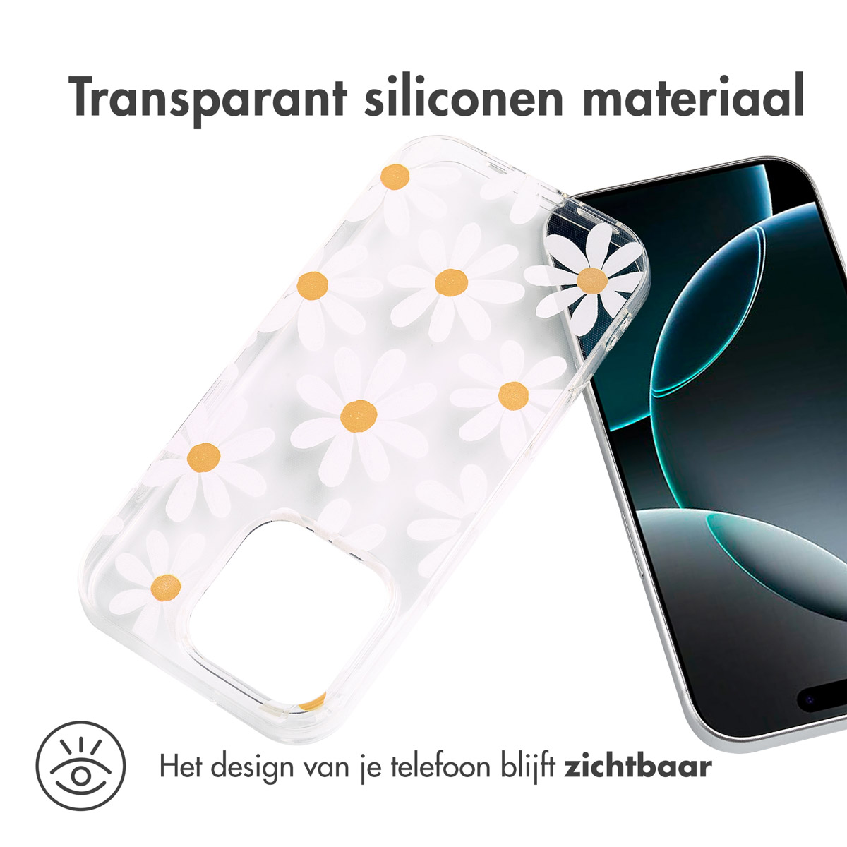 Un téléphone dans une coque transparente avec des fleurs blanches. Le téléphone est visible. La coque est transparente. Fond blanc.