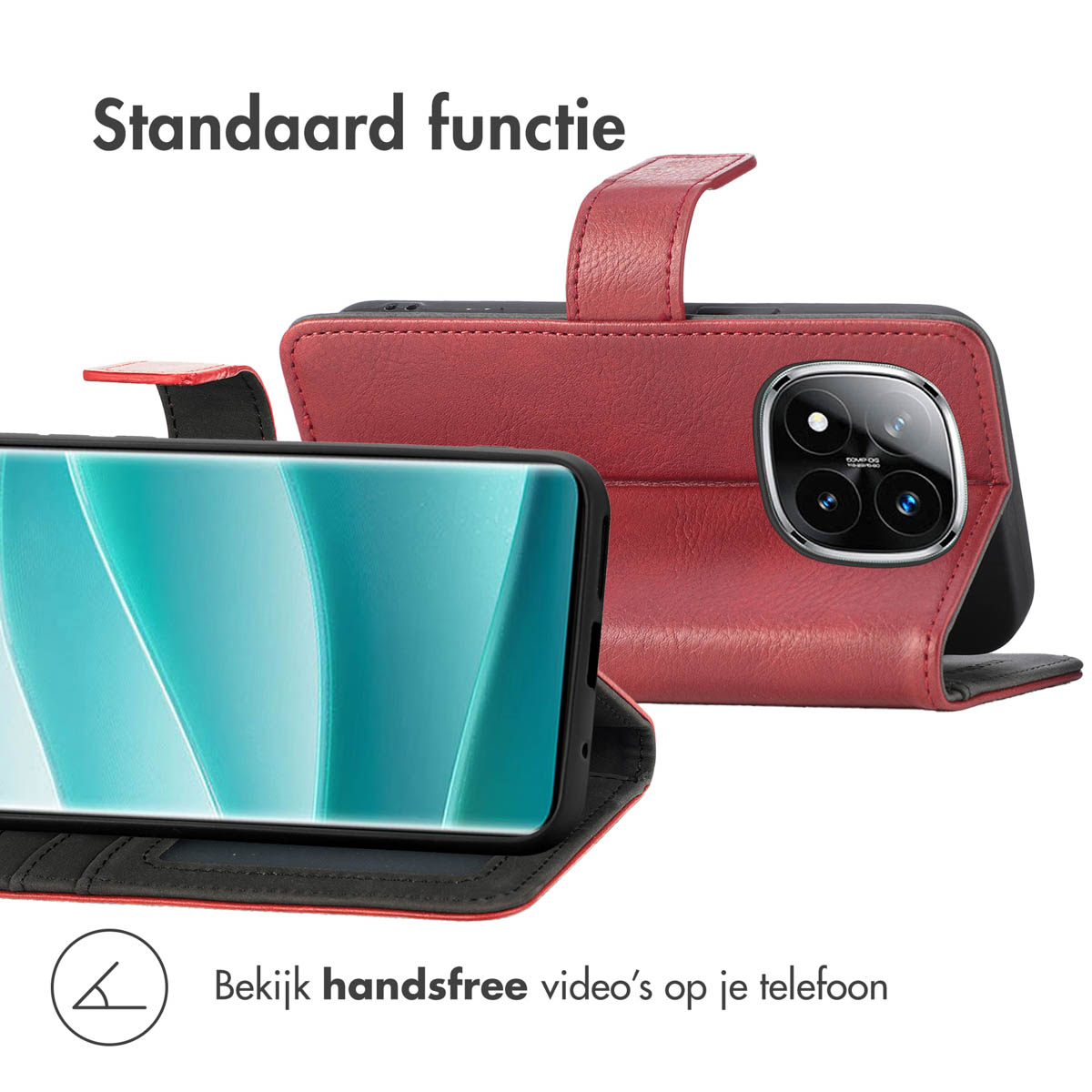 Een rode leren telefoonhoes met een telefoon erin. De telefoon geeft een scherm weer. De hoes heeft een uitsparing voor de camera.