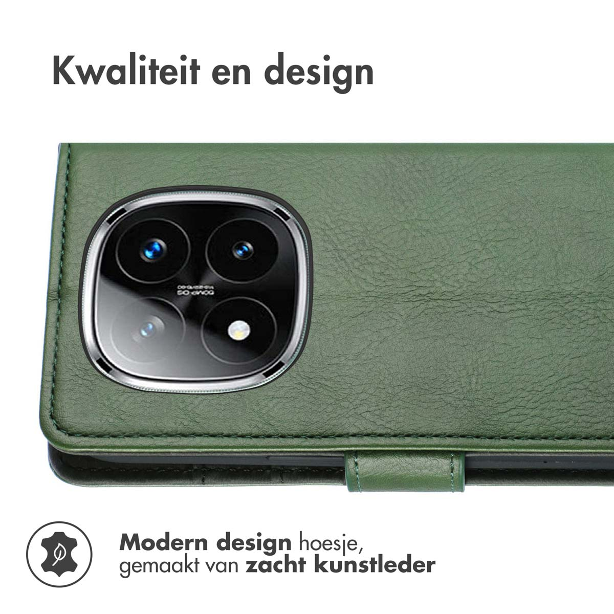 Een groene leren telefoonhoes. De camera is zichtbaar en scherp. De hoes is gemaakt van zacht kunstleer.