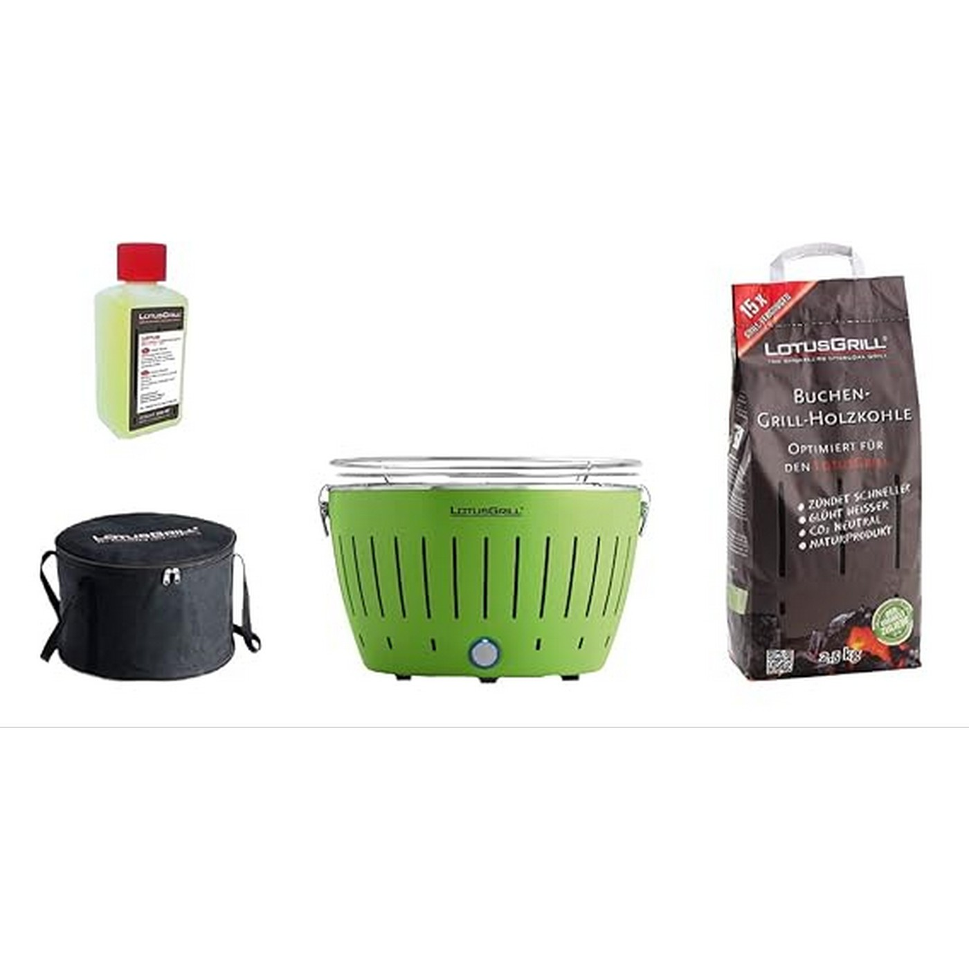Set barbecue: grill verde, carbone, liquido infiammabile e una borsa per il grill.