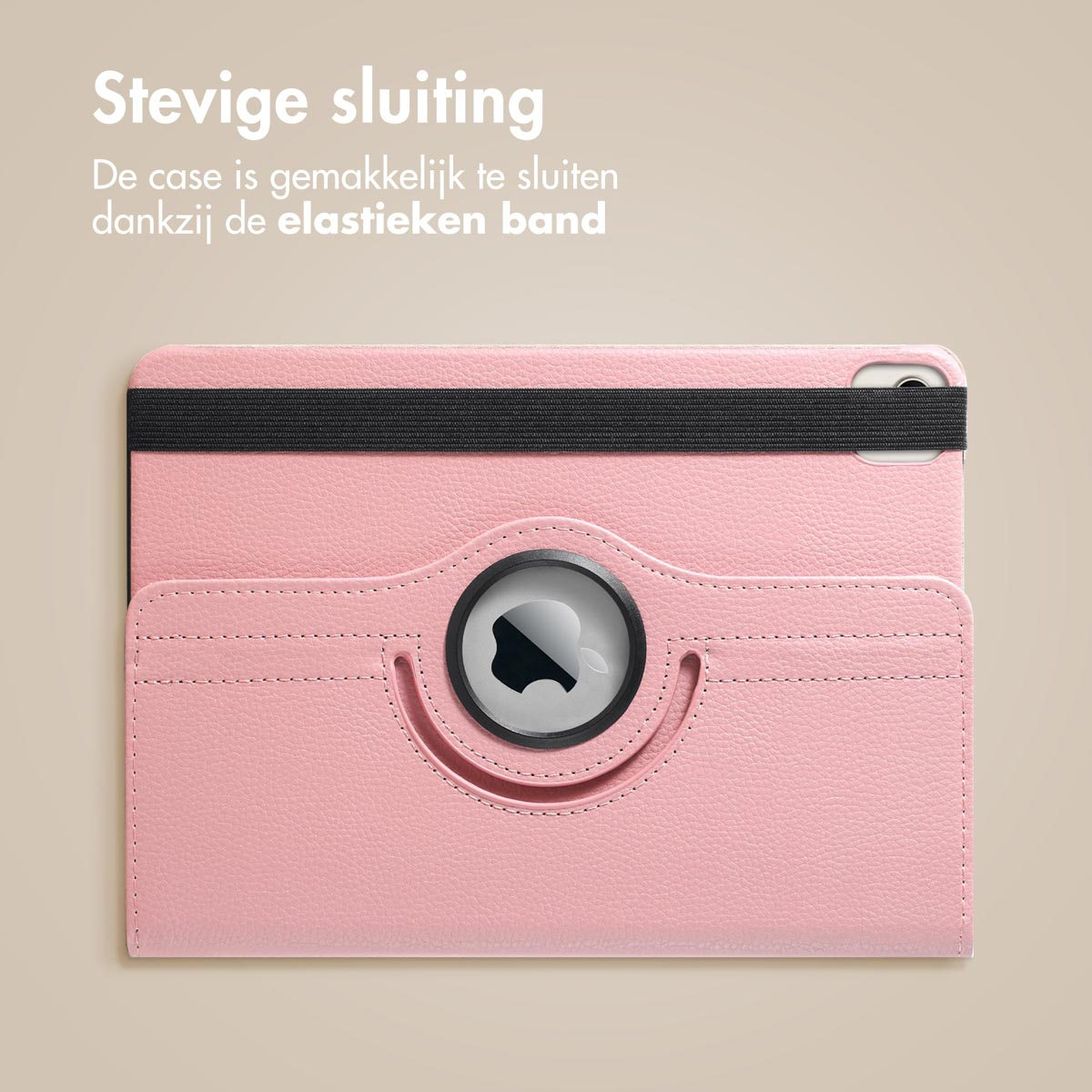 Pink tablet case with a black elastic band. The case is closed. 