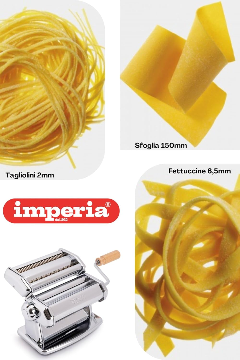 Dimostrazione di produzione di pasta. Vengono mostrate varie forme di pasta con una macchina per la pasta e ingredienti.