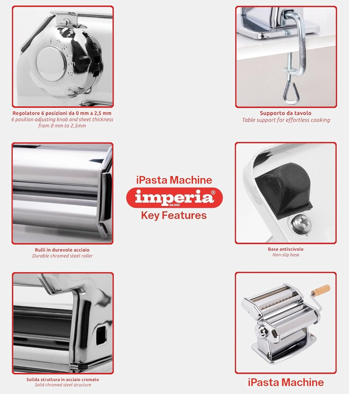 Una macchina per la pasta con varie viste ravvicinate. Le caratteristiche includono rulli, una maniglia e un supporto da tavolo.