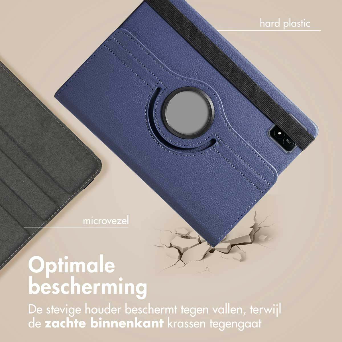 Étui de tablette bleu avec support rotatif et surface en microfibre grise.